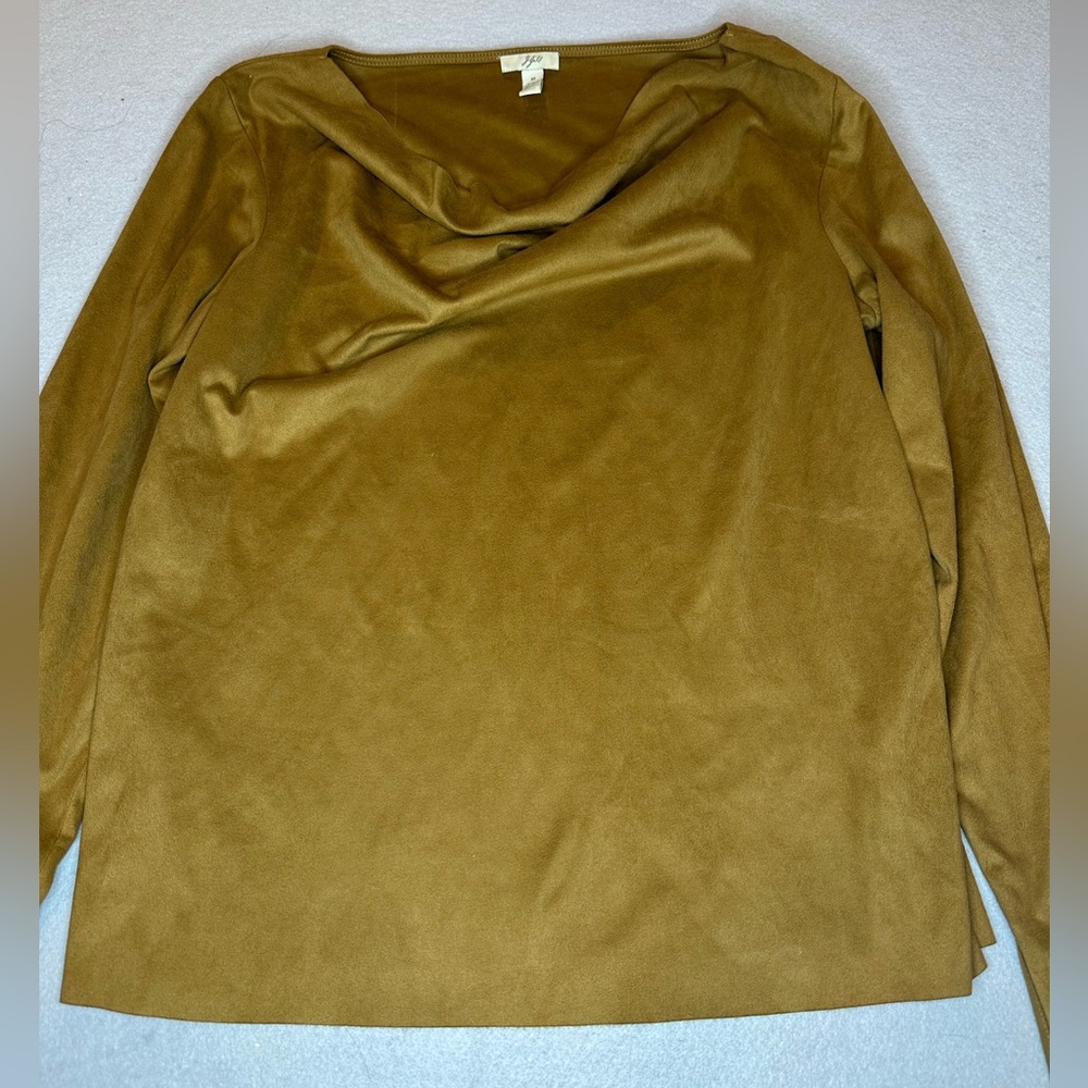 J Jill Tan Long Sleeve Women's Top Faux Suede Cowl Neckline Soft Earthtone Comfy